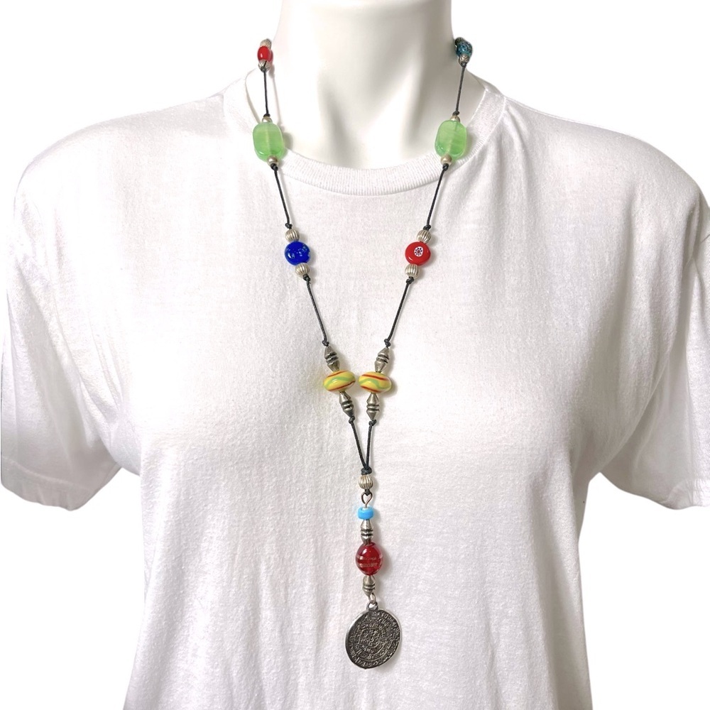 Vintage J.King Art Glass Bead & Phaistos Disc Necklace 32” Multicolor